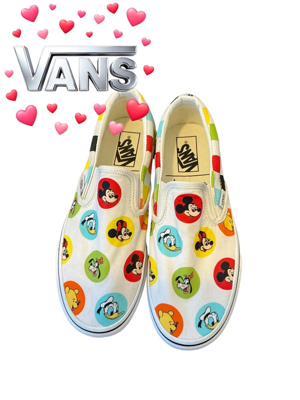 Vans White Slip-On Sneakers with Multicolor Disney Character Dots